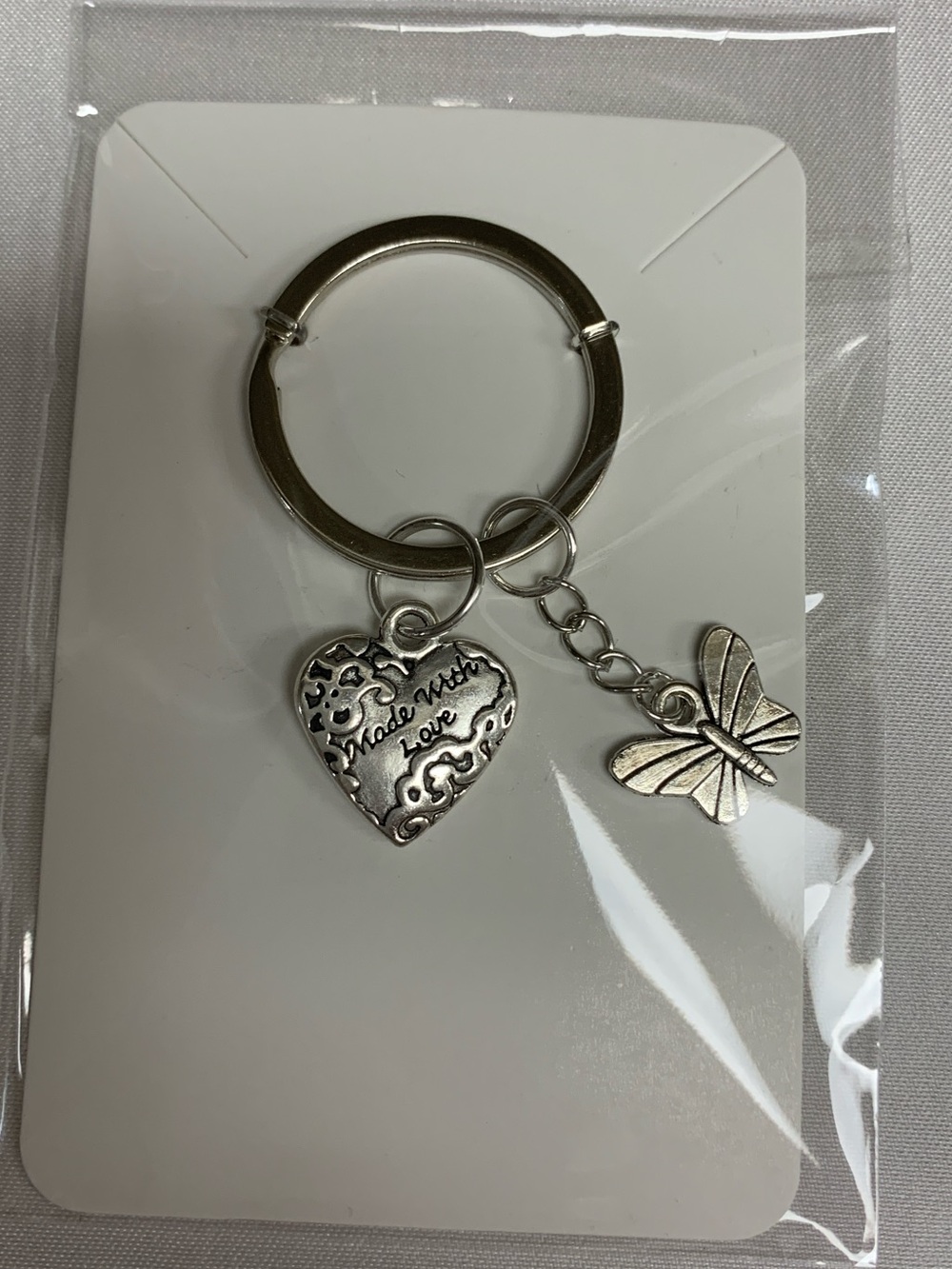 Silver Heart & Butterfly Keyring - Silver Tone